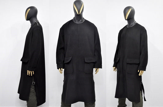 XS-8XL Leather Zip Collar Side Slit Wool Coat Dress/Unisex Long Outer,Cardigan Pancho JACKET,Goth,Punk Cosplay,Apocalyptic Dystopian-BB927