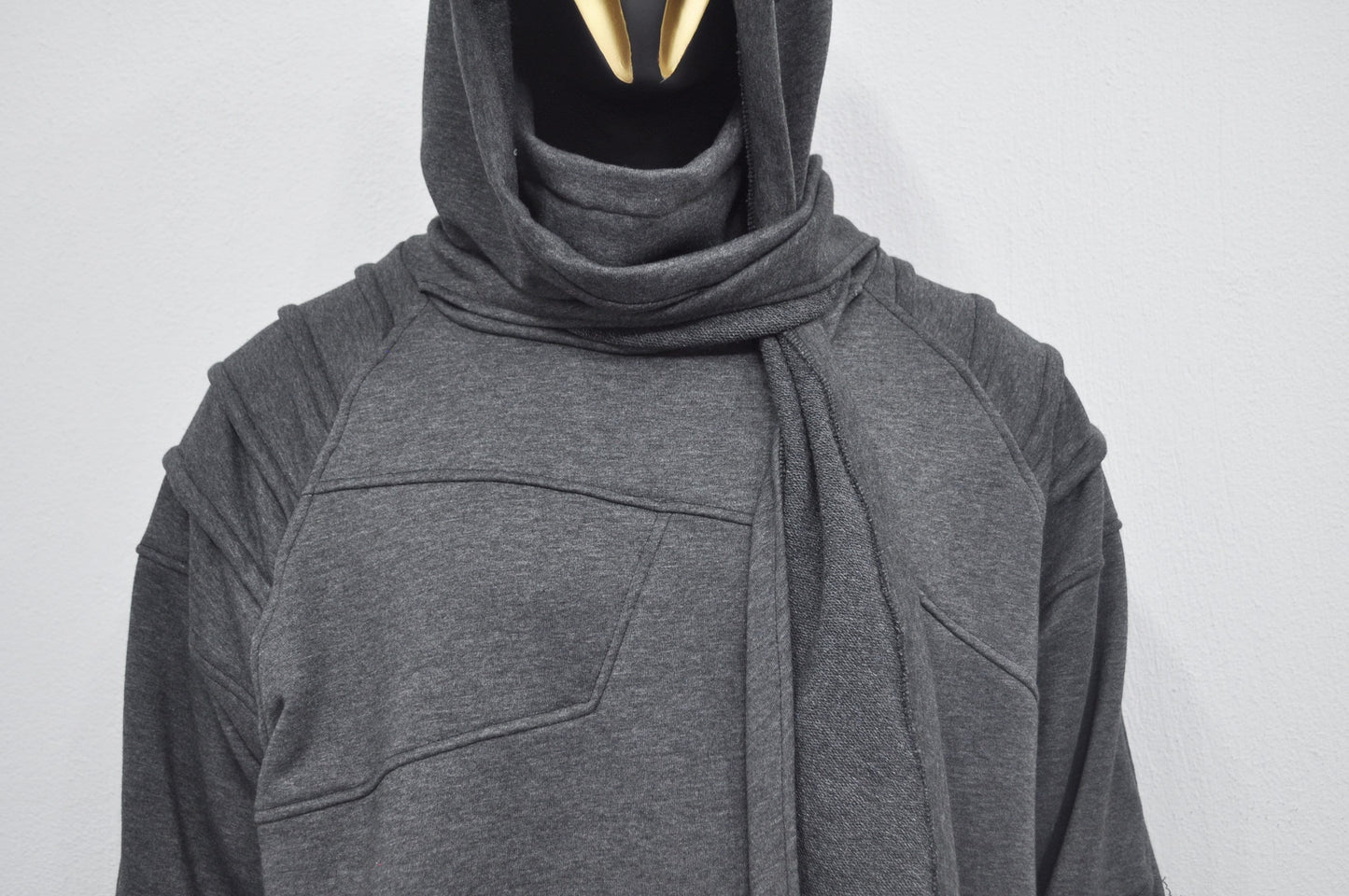 XS-8XL Washed Look Distressed Scarf Oversize Hood,High Neck Pullover,Ninja Assassin Jacket,Steampunk Gothi-Post Apocalyptic Dystopian-BB0157