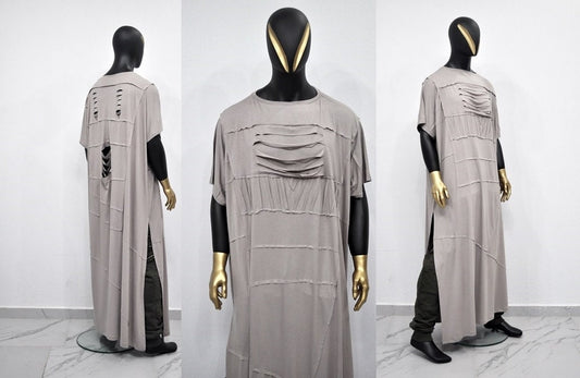 Unisex Post-Apocalyptic Cut out Braided DBAZA Maxi Long Distressed,Rip T-DRESS,Overlong Relaxed T-shirt,Tunic Kaftan Design Streetwear-BB632