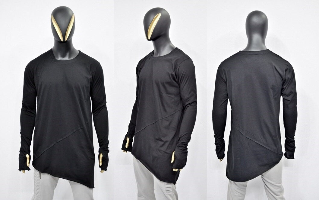XS-8XL Men's Thumbs Techwear asymmetric Shirt,Long Sleeve black cyberpunk Top T-shirt,Round Neck Dystopian Alternative,Elongated-BB498