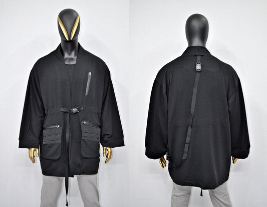 XS-8XL Functional Japanese Kimono Cardigan for Men JACKET,Techwear,Dark Wind Ninja Robe,Essentials Black Design 3/4 Sleeve,Futuristic-BB0158